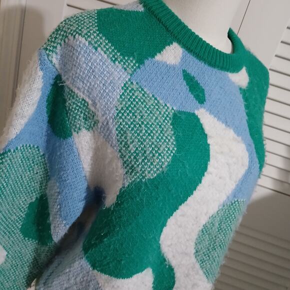 ASOS Design Oversized US 4 Camo Blue/Green/White.Crew Neck Sweater Ribbed Cuff - Picture 1 of 13